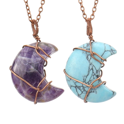 Collana Con Pendente Luna Crescente Pietra Naturale Fatto A Mano Filo Di Rame Avvolto Cristallo Guarigione Gioielli Boho