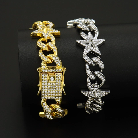 Bracciale Cubano Con Stella Pentagramma Hip Hop Iced Out Lega Full Rhinestone Bling Gioielli Per Uomo Donna