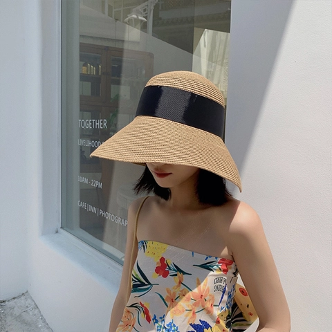 Women's Large Brim Straw Hat With Bow Ribbon Summer Sun Protection Beach Floppy Hat Elegant Breathable Foldable Sunshade Hat For Vacation Travel