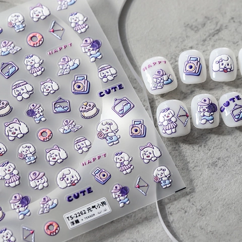 Autocollants À Ongles En Relief 5D 3D Stéréoscopique Auto-adhésif Motif Chiot Dessin Animé Mignon Violet Décoration DIY