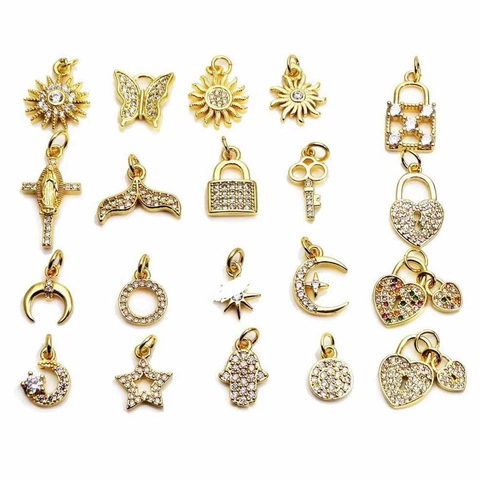 Copper Gold Plated Micro Paved Cubic Zirconia Charms Pendants Sun Moon Star Butterfly For DIY Necklace Bracelet Earrings