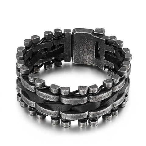 Bracciale Uomo Acciaio Inossidabile 316L E Pelle Intrecciata Punk Gothic Biker Gioielli Teschio Cobra Bangle Vintage