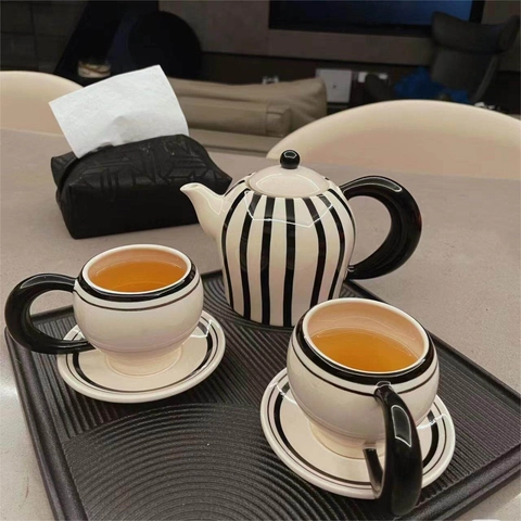Ceramic Teapot Cups And Saucers Black White Stripes Retro Nordic Style Afternoon Tea Coffee Serving Ware