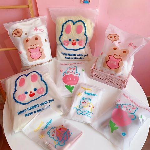 Travel Storage Bags Frosted PE Plastic Waterproof Slider Zipper Seal For Clothing Organizer Cartoon Bear Rabbit Pattern