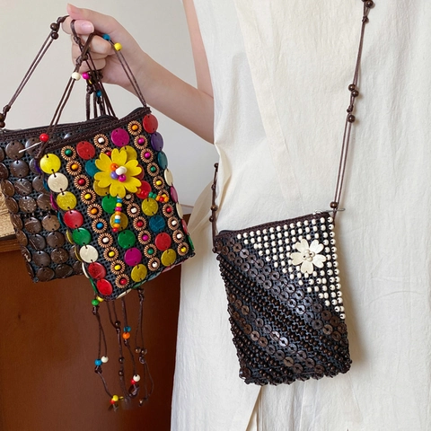Bohemian Etnische Bloem Kokosnoot Schaal Mini Tas Ketting Handgemaakte Houten Kralen Portemonnee Lange Hanger Voor Dames