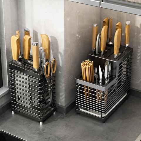 304 Stainless Steel Knife Holder Kitchen Wall Mounted Storage Rack With Drain Tray Chopstick Cage Modern Black