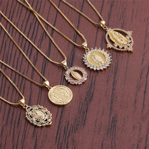 Virgin Mary Hamsa Hand Anhänger Halskette Kupfer Vergoldet Religiöser Schmuck Bunter Zirkonia Für Damen Boxkette