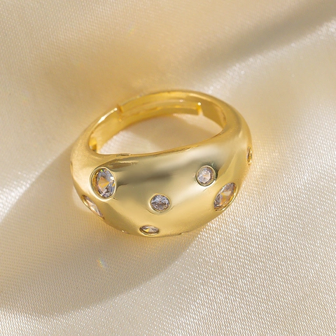 Dome Ring Copper 18K Gold Plated Cubic Zirconia Adjustable Open Finger Ring Vintage Chunky Jewelry For Women