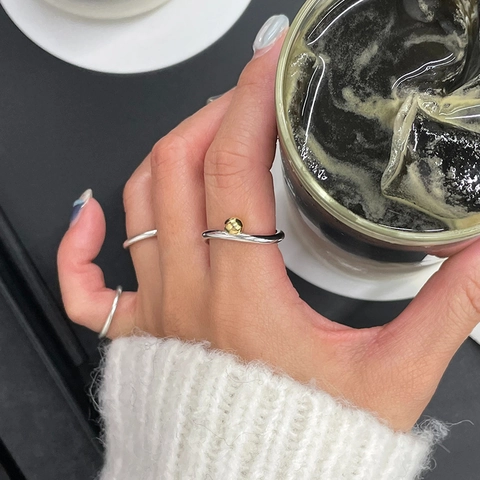 Bague Ouverte Torsadée Minimaliste En Argent Sterling 925 Avec Perle Dorée Bicolore Réglable Bijoux Géométriques Pour Femmes