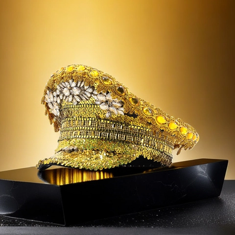 Gold Captain Hat Rhinestone Sequined Military Costume Stage Performance Carnival Party Accessory Women Men