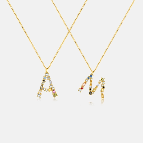 Vintage 925 Sterling Silver Alphabet Letter Initial Pendant Necklace Women Colorful Rhinestone Inlaid Alphabet Jewelry Gift