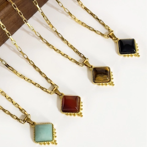 Collana Pendente Quadrato Acciaio Inossidabile Placcato Oro 18K Con Pietra Naturale Agata Occhio Di Tigre Vintage Francese Per Donna