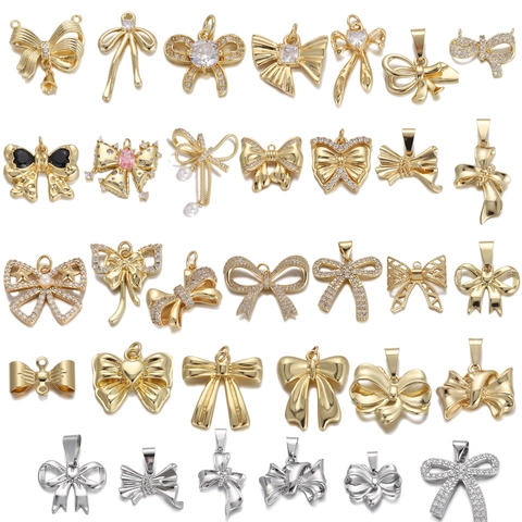 Bowknot Pendant Charms Copper Zircon Rhinestone Artificial Pearl Fashion French Style Jewelry Finding For Necklace Earring Bracelet DIY