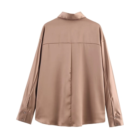Camisa De Satén De Manga Larga Para Mujer Solapa Con Botones Elegante Blusa De Oficina Casual Color Sólido