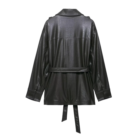 Women Black PU Leather Jacket Belted Mid-Length Outdoor Casual Coat Solid Color Long Sleeve Outwear With Flap Pockets