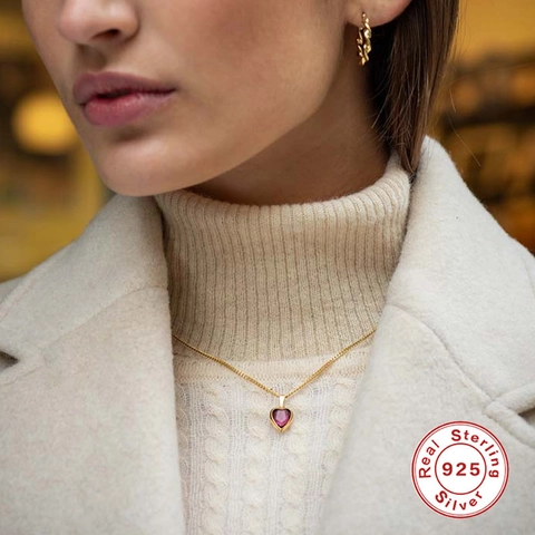 925 Sterling Silver Heart Pendant Necklace For Women Gold Plated Zirconia Heart Shape Chain Necklace Simple Elegant Jewelry