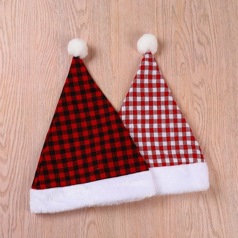 Gorro De Navidad Patrón De Cuadros Buffalo Check Tela Felpa Decoración De Fiesta Clásico Unisex