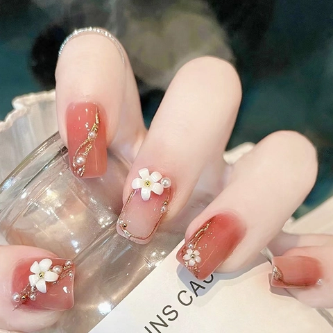 Press On Nagels Roze Gradiënt Kort Vierkant Rond Met 3D Camelia Bloem Kunstparels Goudlijn Handgemaakt Zoete Stijl