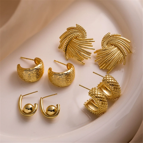 Textured Copper Earrings Geometric Twisted C Shape Fireworks Studs 18K Gold Plated Fashion Jewelry For Women
