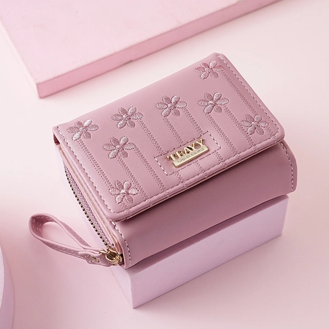 Petit Portefeuille Femmes Broderie Florale Cuir PU Motif Marguerite Porte-Monnaie À Fermeture Éclair Avec Dragonne