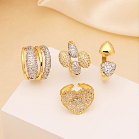 Kupfer Zirkonia Herz Oval Verstellbar Offener Ring Für Damen Zweifarbig Gold Silber Elegant Mode Fingerring Schmuck Geschenk