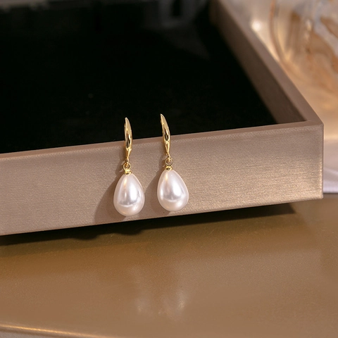 Korean Style Minimalist Copper Teardrop Artificial Pearl Drop Earrings Gold Plated Elegant Commuter Jewelry Gift For Women