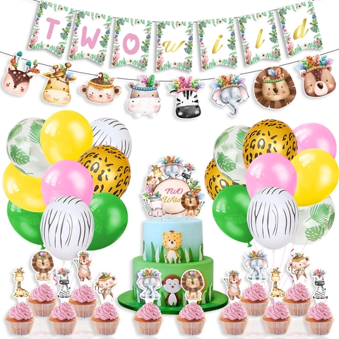 TWO WILD Giungla Animali Decorazioni Per Feste Boho Floreale Banner Cake Toppers Palloncini Per Secondo Compleanno