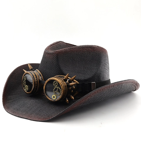 Cappello Da Cowboy Steampunk Paglia Di Carta Sfumata Stile Western Con Occhiali Ingranaggi Punte Accessorio Per Costume