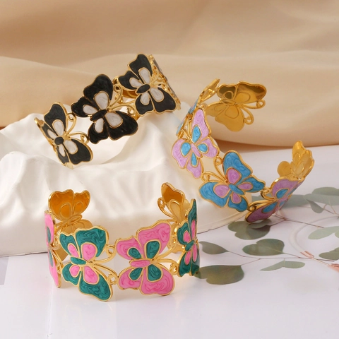 Bracelet Jonc Ouvert Papillon en Acier Inoxydable Mode pour Femmes Plaqué Or Creux Émail à l'Huile Bijoux Cadeau