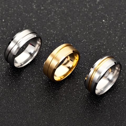 Heren Band Ring Roestvrij Staal Geborsteld Mat Oppervlak Gegroefd Ontwerp Minimalistische Mode Sieraden