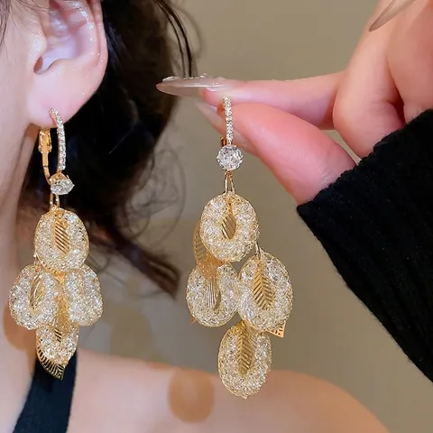 Eleganti Orecchini A Pendente Con Nappa A Foglia Con Zircone E Perno In Argento Sterling 925 Lunghi Dorati Da Donna