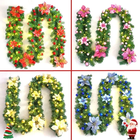 Guirnalda De Navidad Vid Decorativa Con Luces LED Flores De Pascua Y Bolas Para Chimenea Escaleras Fiesta Decoración