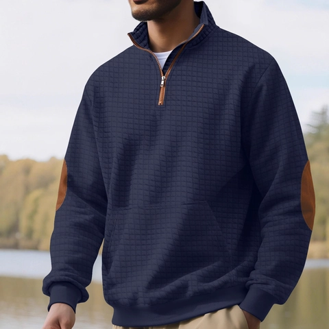 Heren Sweatshirt Met Kwartritssluiting Wafelgebreide Pullover Opstaande Kraag Contrast Elleboogpatches Casual Lange Mouwen