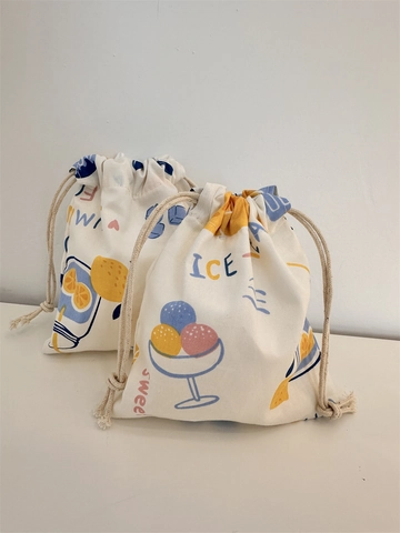 Canvas Drawstring Pouch Bag Portable Storage Small Cartoon Print For Jewelry Makeup Earphone Accessories Travel