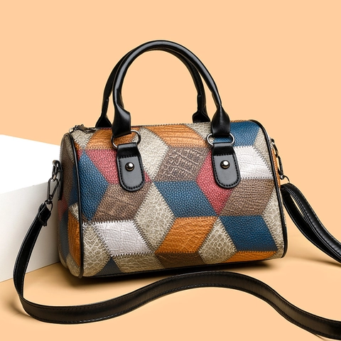 Borsa A Mano Boston Vintage A Blocchi Di Colore Geometrici Pelle PU Testurizzata Borsa A Tracolla Per Donna Moda Urbana