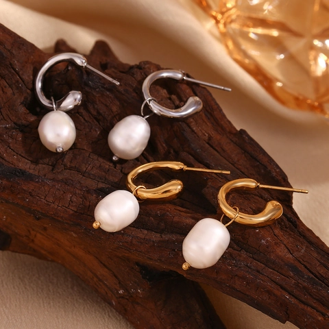 Orecchini A Cerchio In Acciaio Inossidabile Placcato Oro 18K Con Pendenti In Perle D'acqua Dolce Gioielli Per Donna