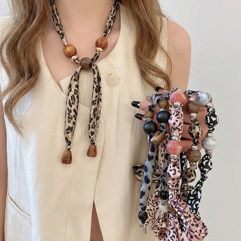 Vintage Leopard Print Stoff Schal Halskette Mit Acrylperlen Legierung Akzenten Bohemian Schmuck Für Damen