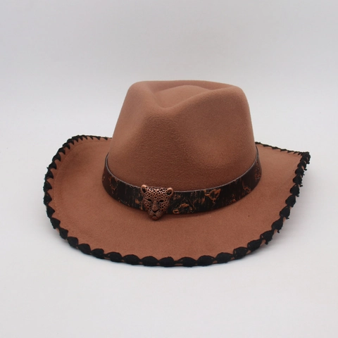 Western Cowboy Hat Cotton Polyester Felt Wide Brim Leopard Head Buckle Whipstitch Edge Retro Fedora Ethnic Style
