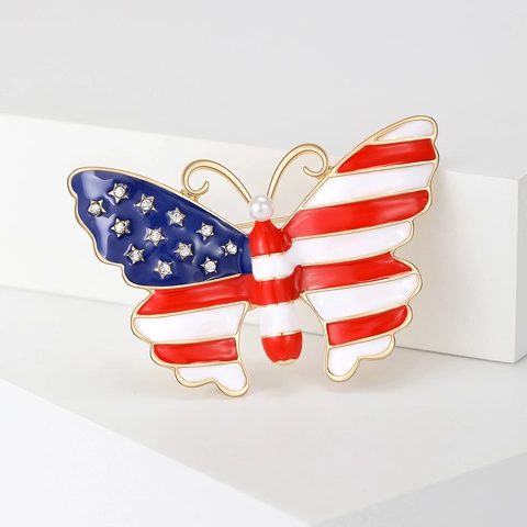 American Flag Butterfly Brooch For Women Luxurious Alloy Rhinestone Enamel Patriotic Pin With Faux Pearl Fashion Accessories