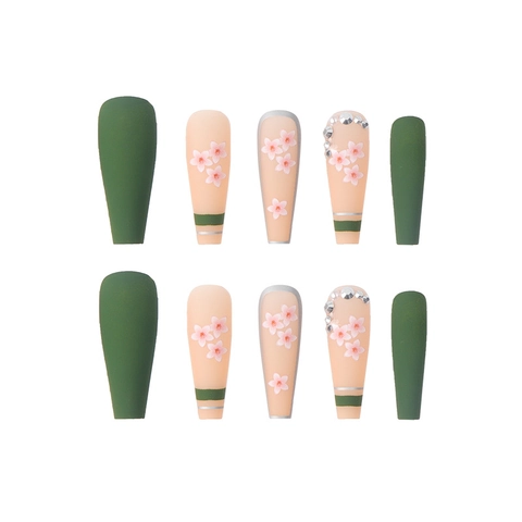 Uñas Postizas Presionables Mate Verde Oliva Forma Ataúd Estampado Cerezo Pedrería Perla Artificial Manicura Elegante Para Mujeres