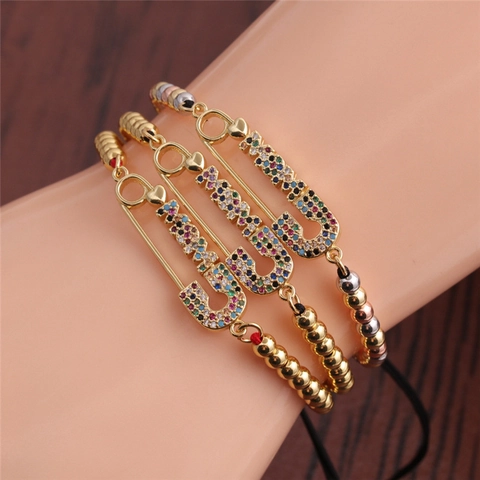Fashion Bracelet Copper Cubic Zirconia Safety Pin Letter Charm Adjustable Box Chain Jewelry For Women Mother Gift