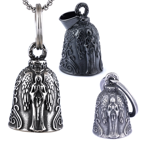 Angel Guardian Bell Pendant Necklace Vintage Stainless Steel Embossed Motorcycle Ride Charm Gothic Religious Jewelry
