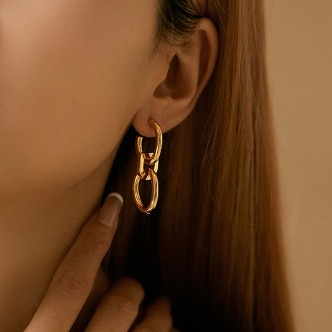 Geometric Double Hoop Earrings 18K Gold Plated Copper Zircon Minimalist French Style U-Shape Chain Link For Women