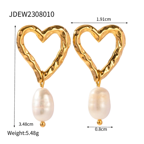 Orecchini Pendenti Cuore Oro Martellato Con Perla Artificial Barocca Acqua Dolce Gioielli Stile Francese Vintage Donna