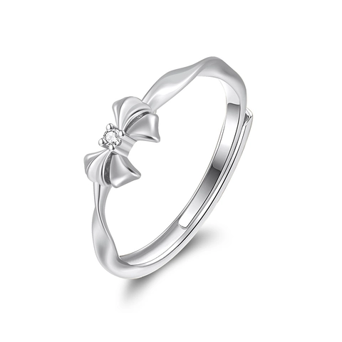 Anillo Abierto Ajustable de Plata de Ley 925 Con Lazo y Circonia Diseño de Lazo Brillante de Moda Textura Retorcida Joyería para Mujer