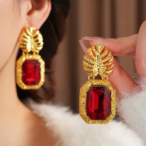 Vintage Barock Ohrhänger Legierung Monstera Blatt Roter Rechteckiger Strass Mit Silver Earring Post Für Damen