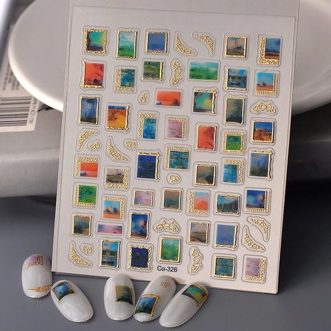 Nail Art Stickers 5D Relief Embossed Gold Foil Frame Retro Impressionist Oil Painting Style Vintage DIY Manicure Decor Women