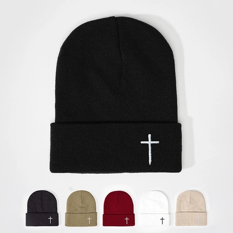 Berretto Beanie Unisex Acrilico Maglia Calda Con Ricamo A Croce Streetwear Accessorio Invernale