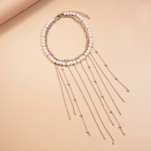 Elegante Collana Doppio Strato Con Perla Artificial Di Imitazione E Catena In Metallo Frangia Lunga Con Nappine Per Gioielli Da Festa Da Donna