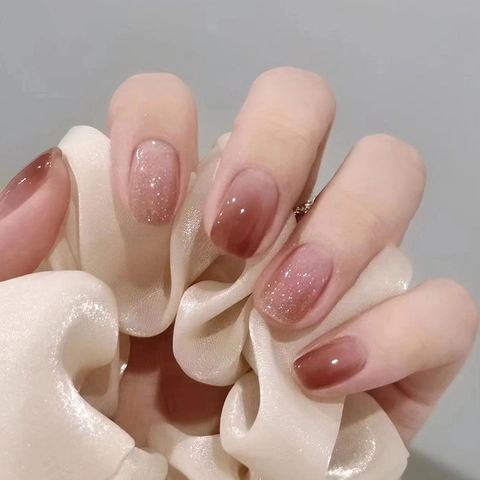 Short Square Press On Nails Brown Pink Gradient Glitter Luxury Removable Reusable False Nails Glue Version